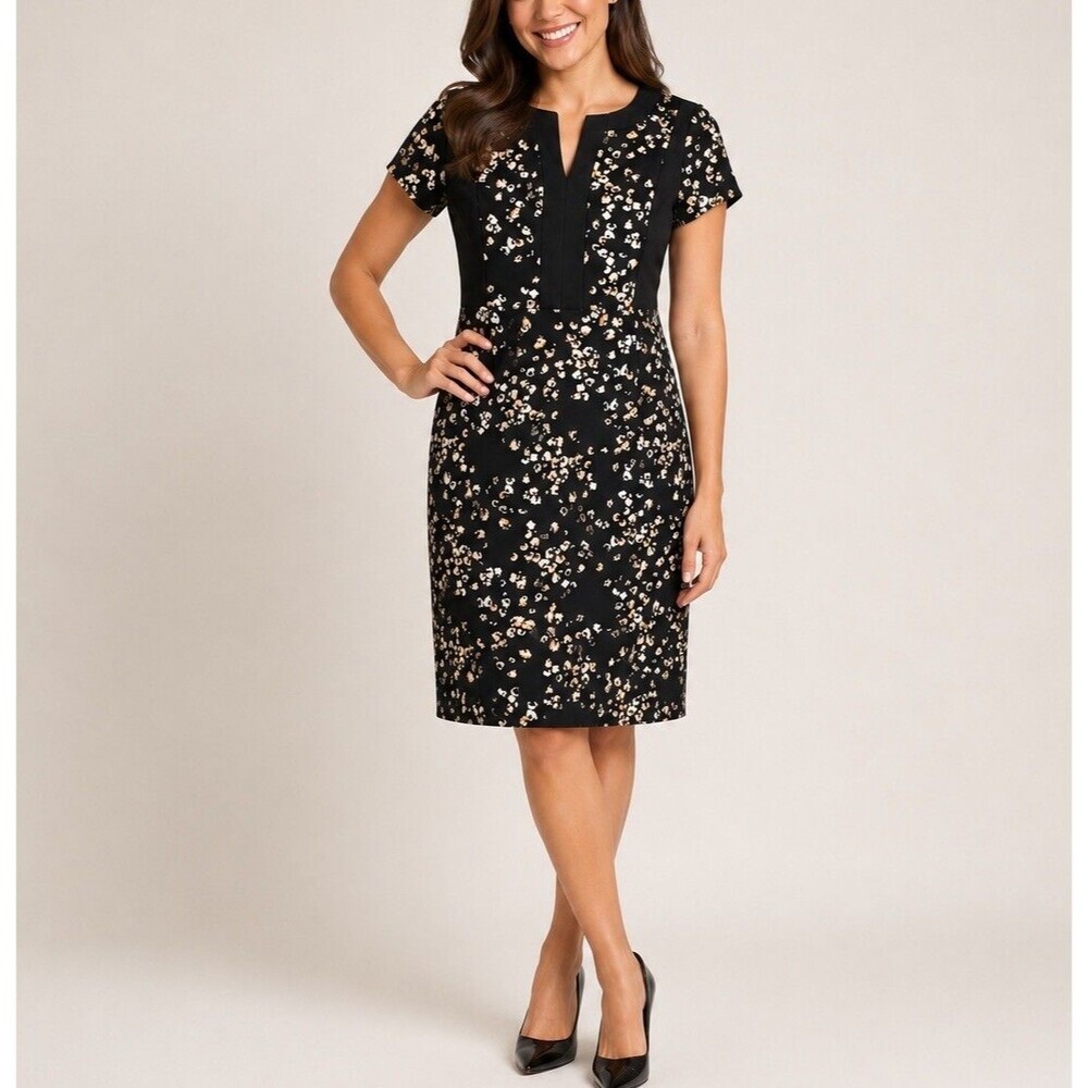 Covington Dress Large Black Floral Sheath Career Office Work Knee Length NWT